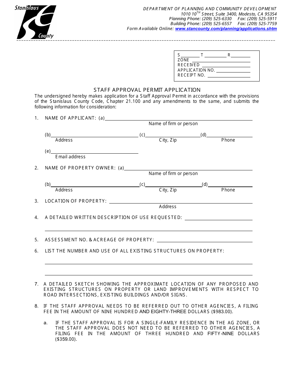 Staff Approval Permit Application - Stanislaus County, California, Page 1