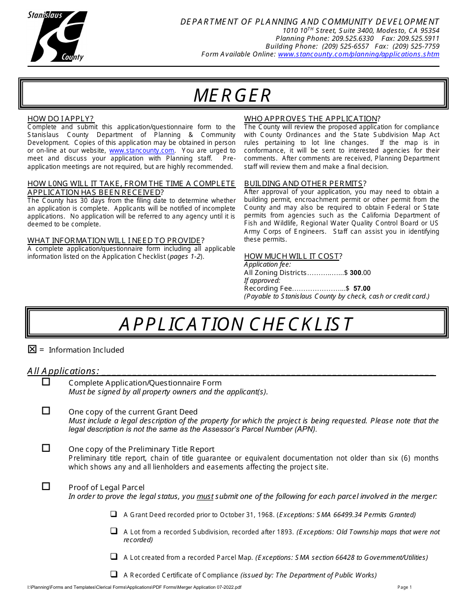 Merger Application - Stanislaus County, California, Page 1