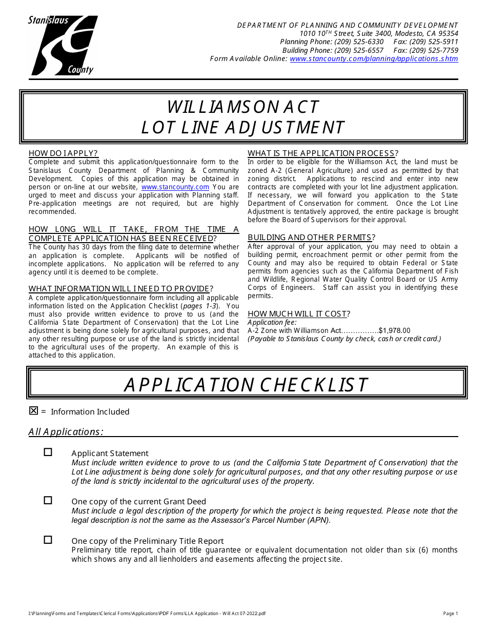 Lot Line Adjustment Application With Williamson Act - Stanislaus County, California, Page 1