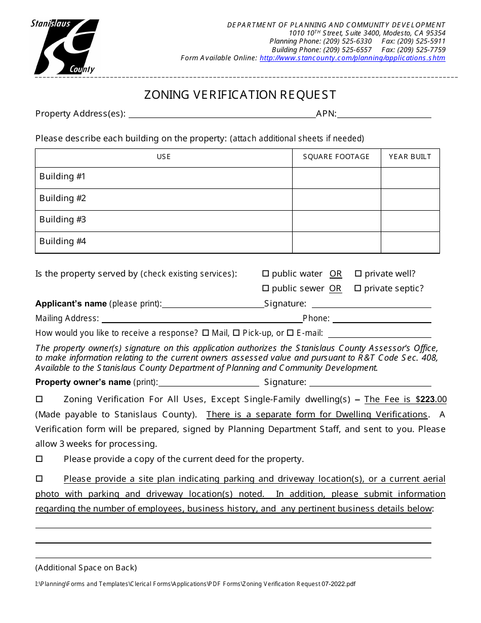 Zoning Verification Request - Stanislaus County, California, Page 1