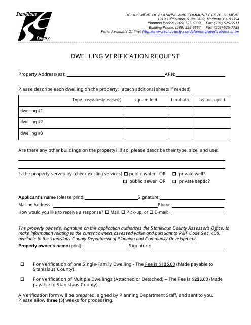 Dwelling Verification Request - Stanislaus County, California Download Pdf