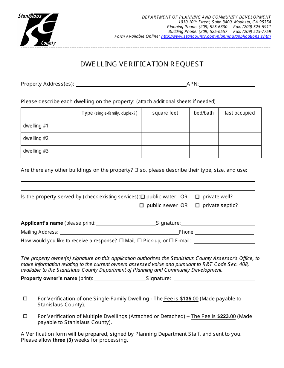 Stanislaus County, California Dwelling Verification Request Fill Out