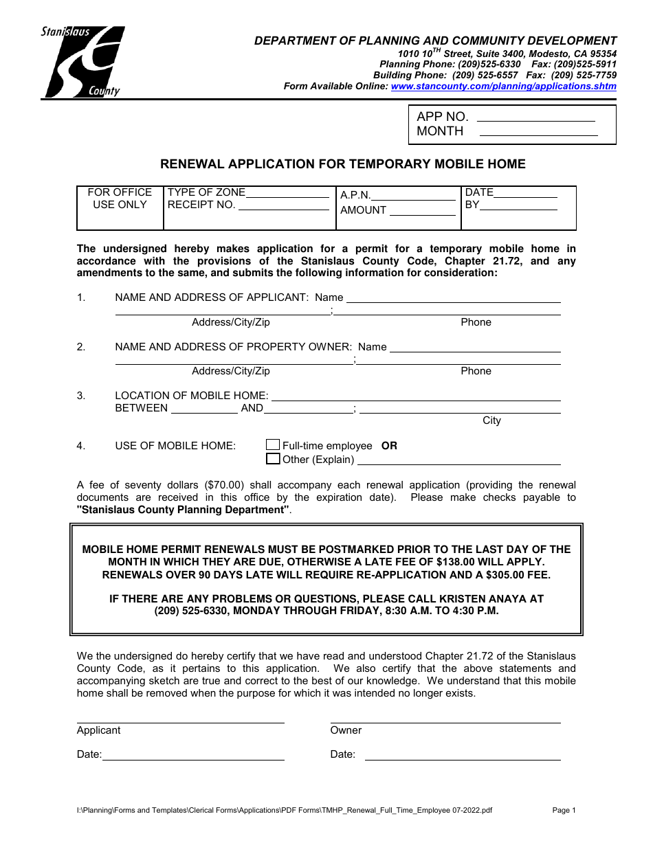 Renewal Application for Temporary Mobile Home - Full-Time Employee - Stanislaus County, California, Page 1