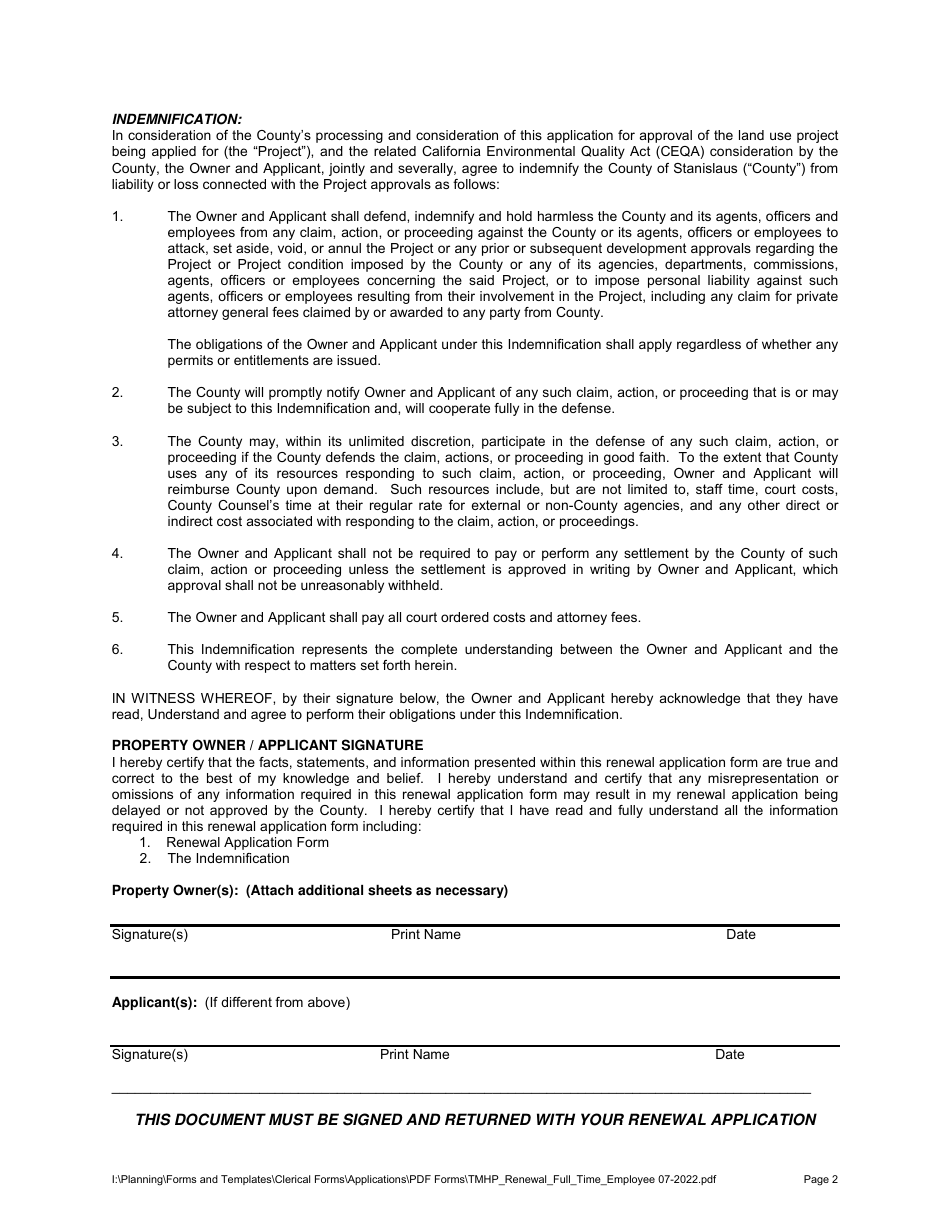Renewal Application for Temporary Mobile Home - Full-Time Employee - Stanislaus County, California, Page 2