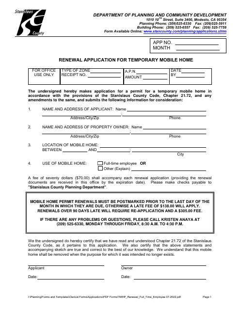 Renewal Application for Temporary Mobile Home - Full-Time Employee - Stanislaus County, California