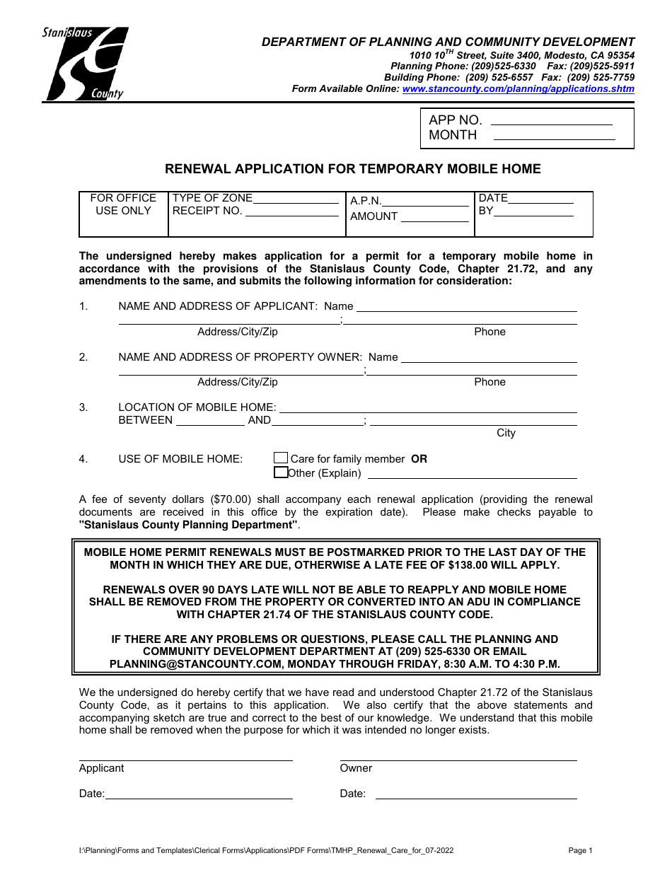 Renewal Application for Temporary Mobile Home - Care for Family Member - Stanislaus County, California, Page 1
