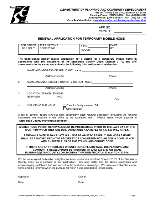 Renewal Application for Temporary Mobile Home - Care for Family Member - Stanislaus County, California Download Pdf