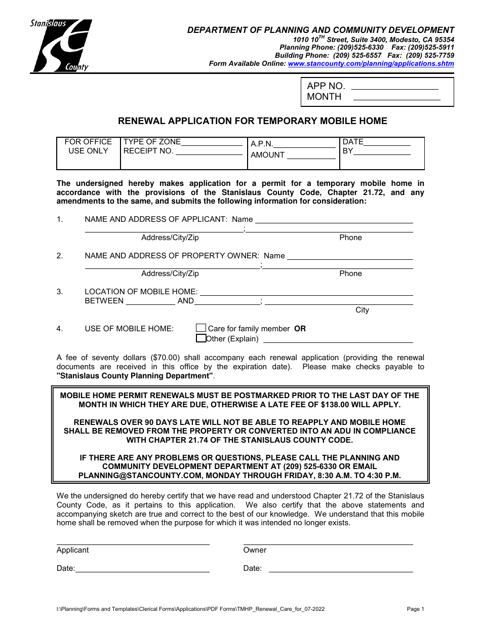 Stanislaus County, California Renewal Application for Temporary Mobile