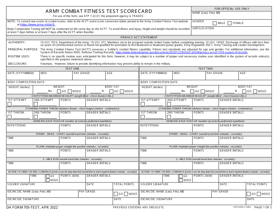 DA Form 705-TEST Download Fillable PDF or Fill Online Army Combat ...