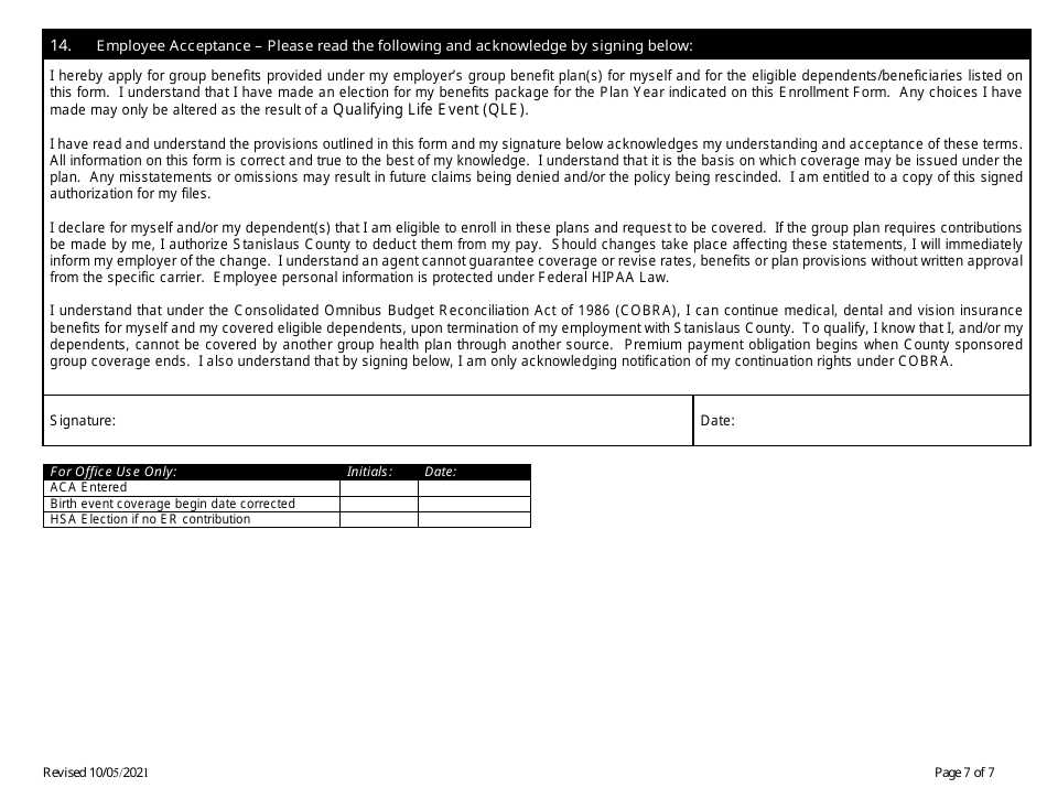 Employee Benefit Enrollment Form - Stanislaus County, California, Page 7