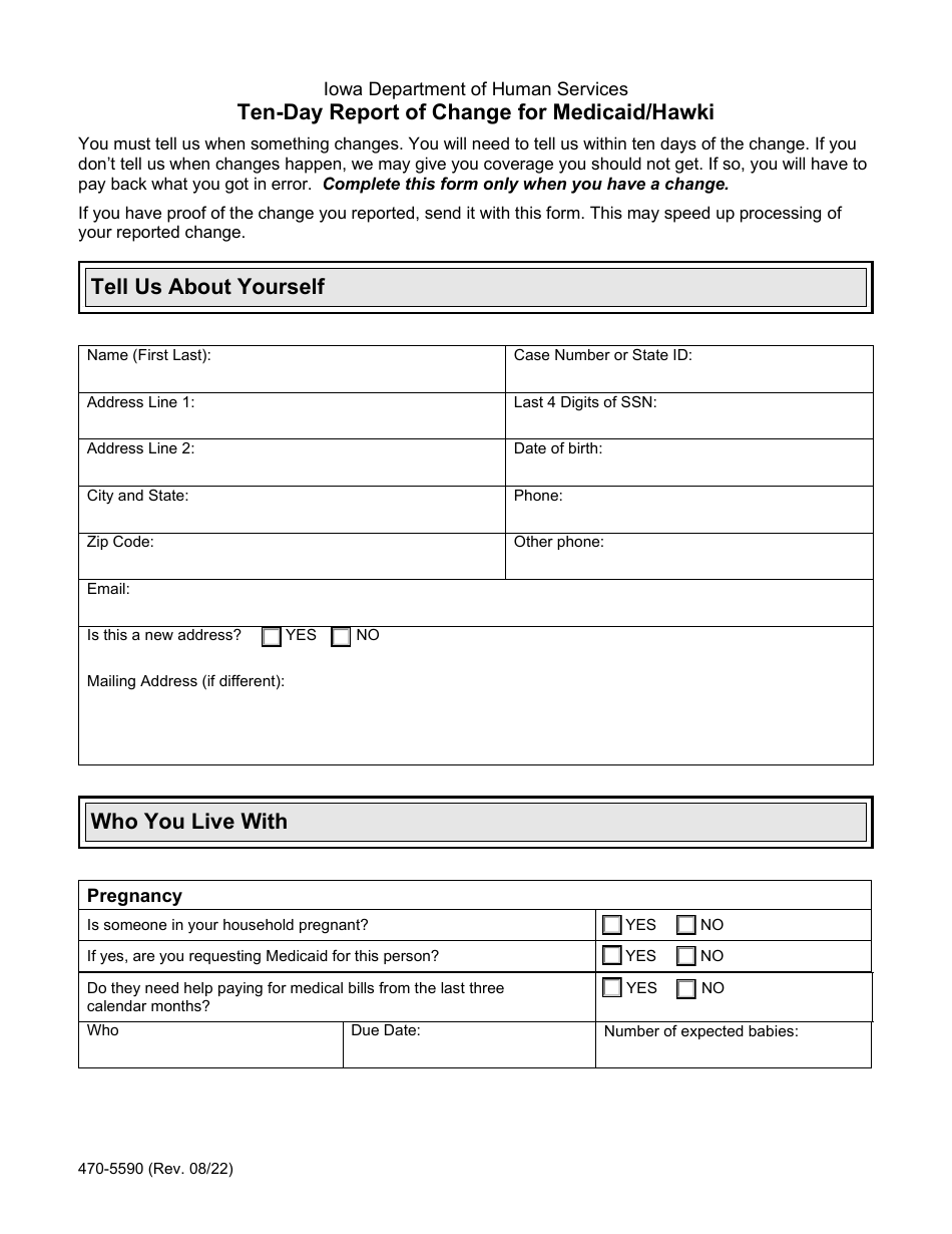Form 470-5590 Ten-Day Report of Change for Medicaid / Hawki - Iowa, Page 1