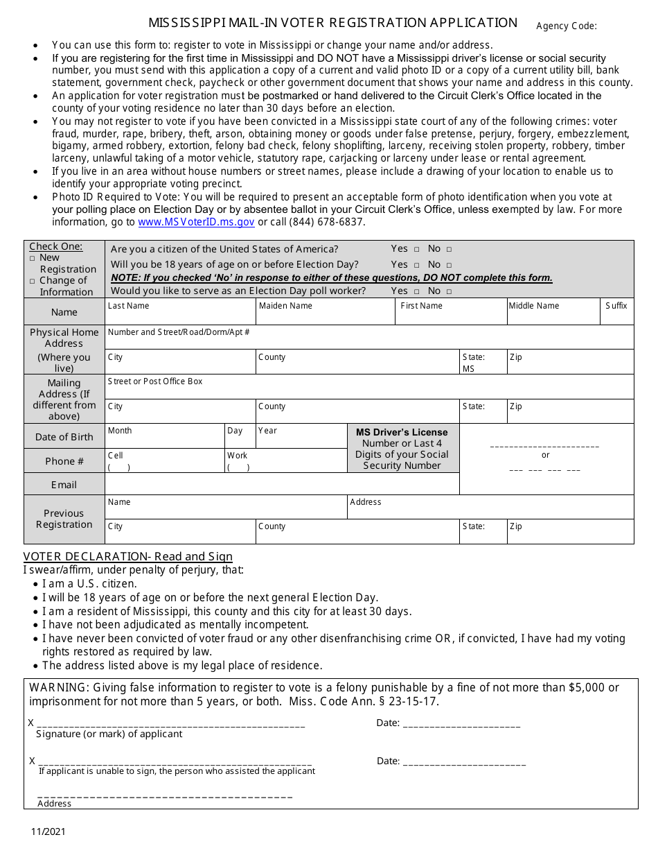 Mail-In Voter Registration Application - Mississippi, Page 1