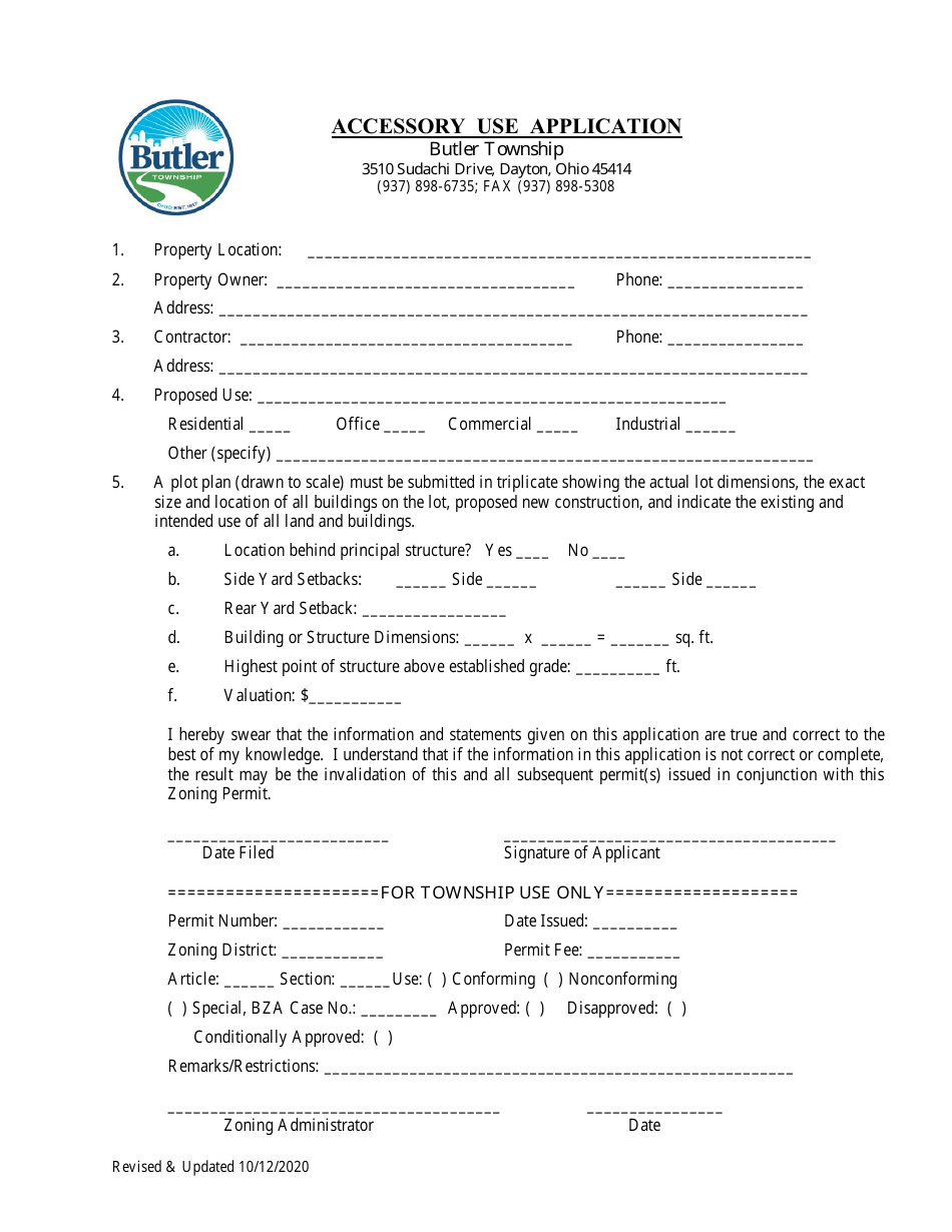 Accessory Use Application - Butler County, Ohio, Page 1