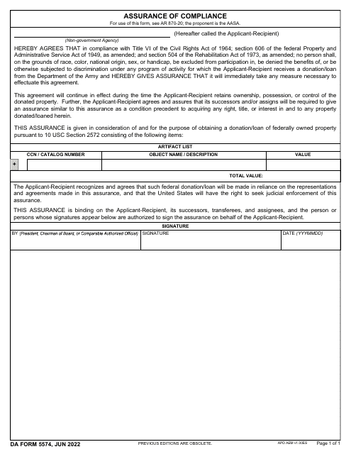 DA Form 5574 Assurance of Compliance