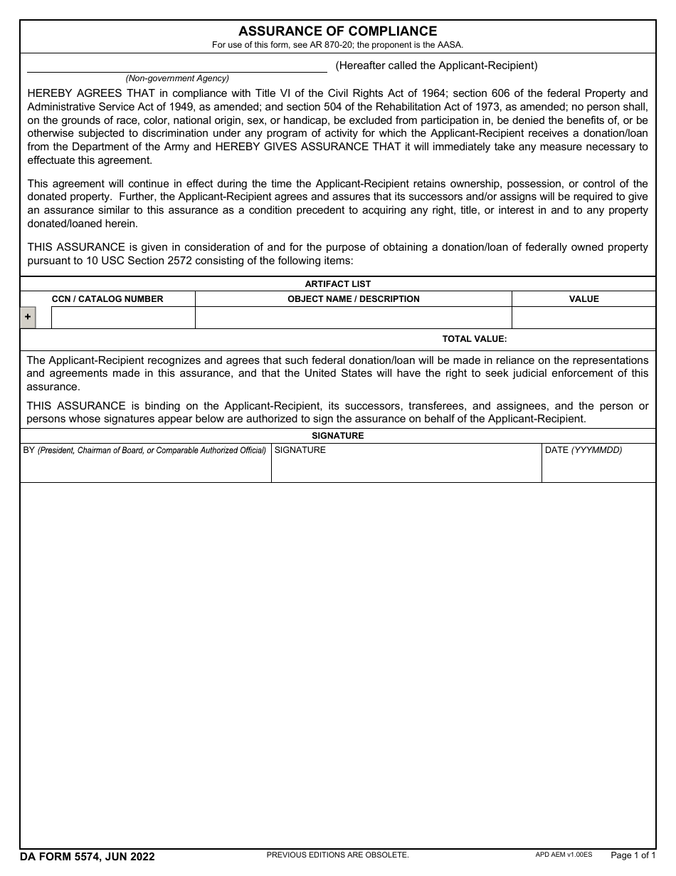 DA Form 5574 Assurance of Compliance, Page 1