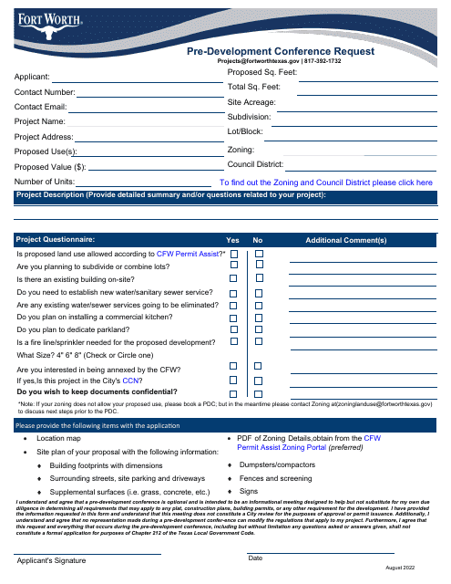 Pre-development Conference Request - City of Fort Worth, Texas Download Pdf