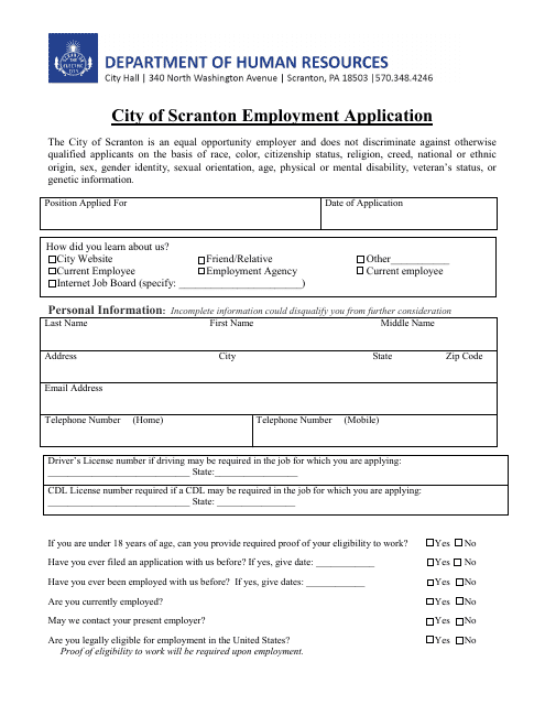 Employment Application - City of Scranton, Pennsylvania Download Pdf