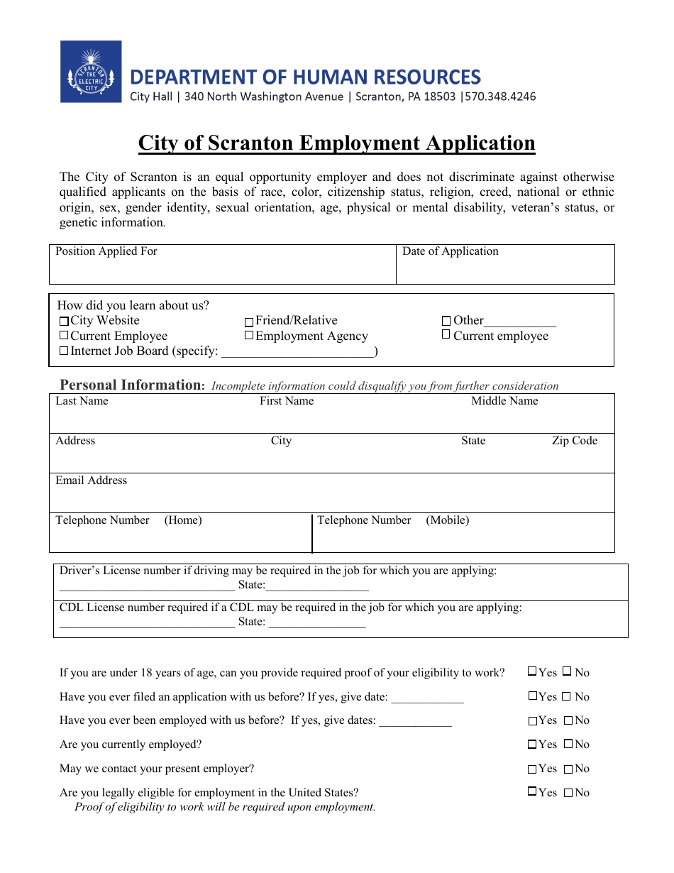 Employment Application - City of Scranton, Pennsylvania, Page 1