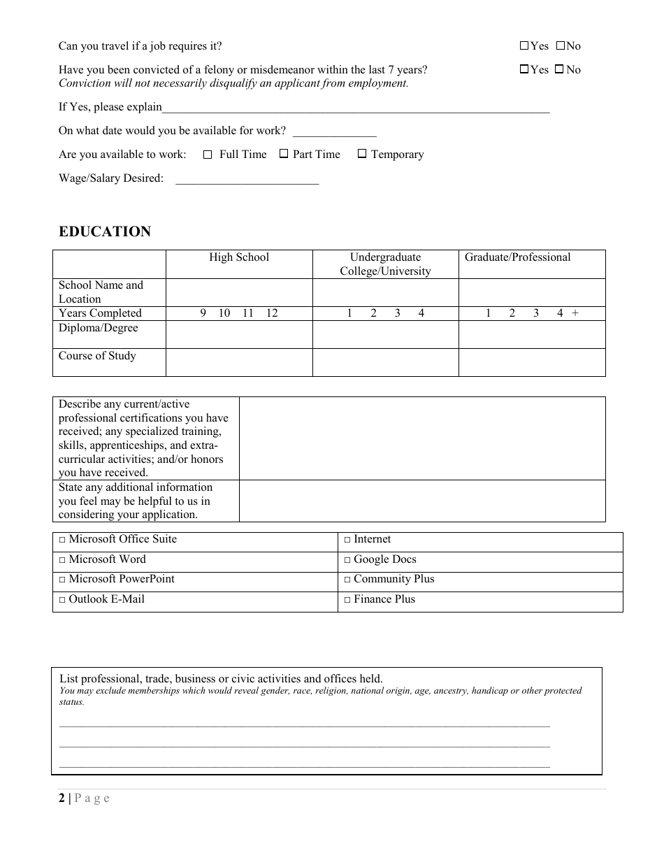Employment Application - City of Scranton, Pennsylvania, Page 2