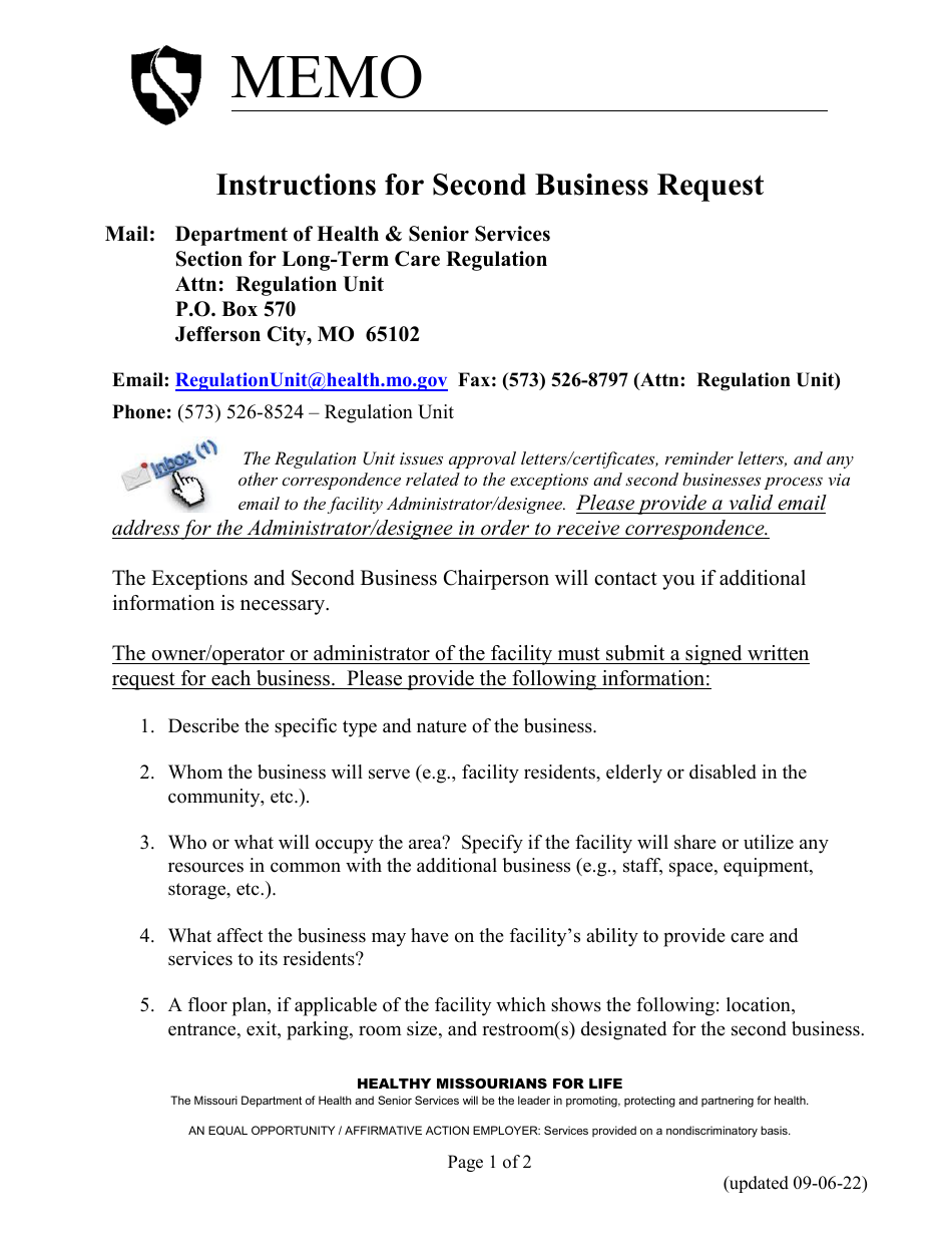 Instructions for Second Business Request - Missouri, Page 1