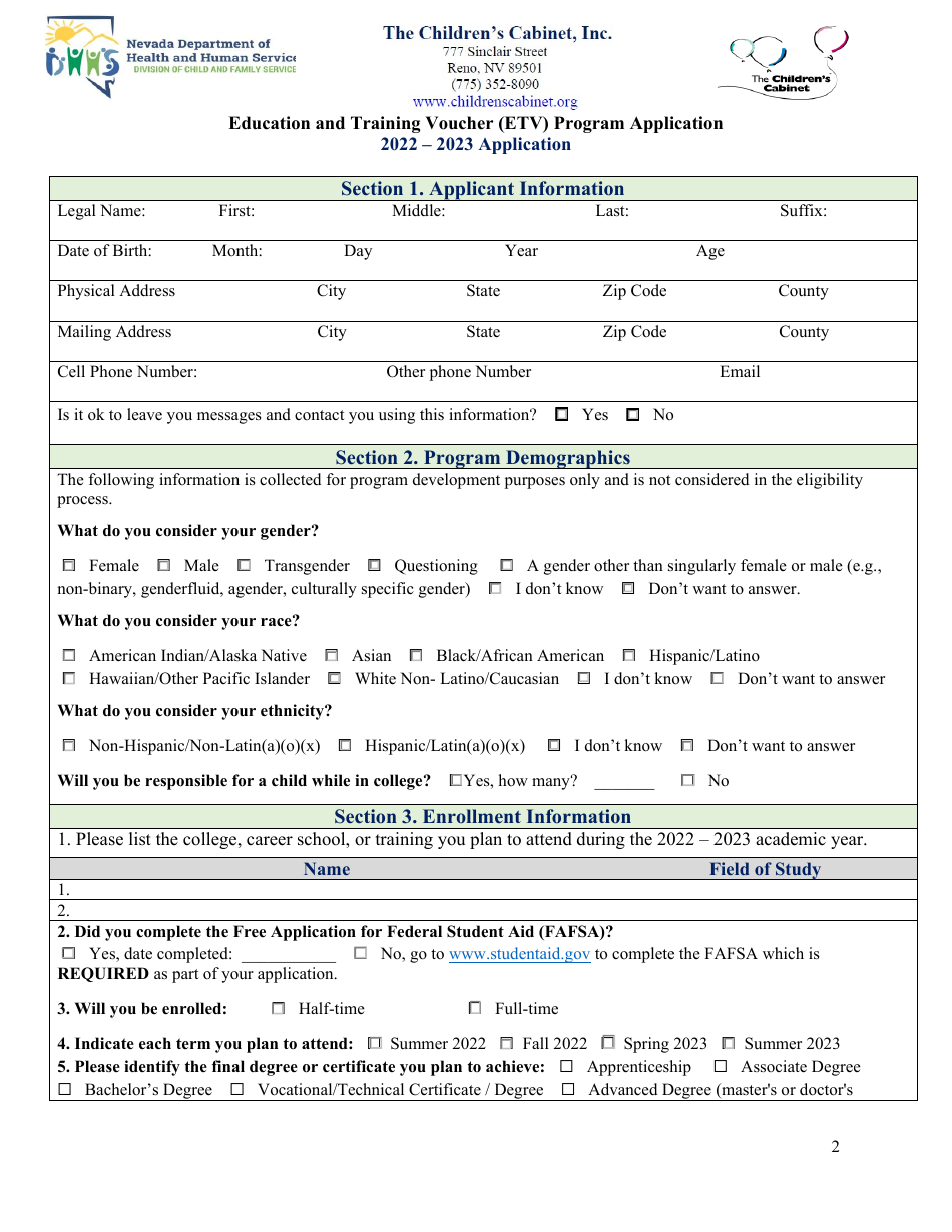 Education and Training Voucher (Etv) Program Application - Childrens Cabinet - Nevada, Page 2