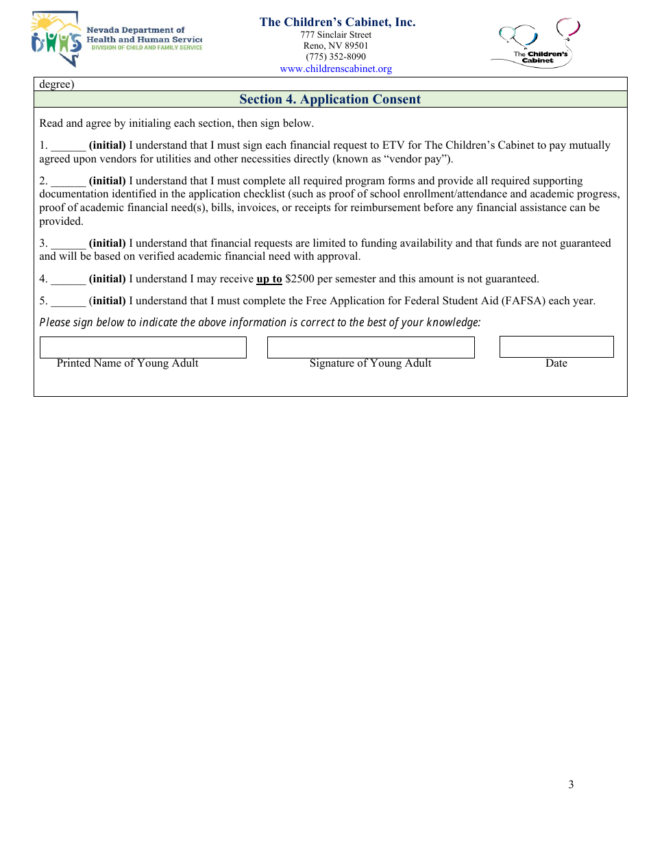 Education and Training Voucher (Etv) Program Application - Childrens Cabinet - Nevada, Page 3
