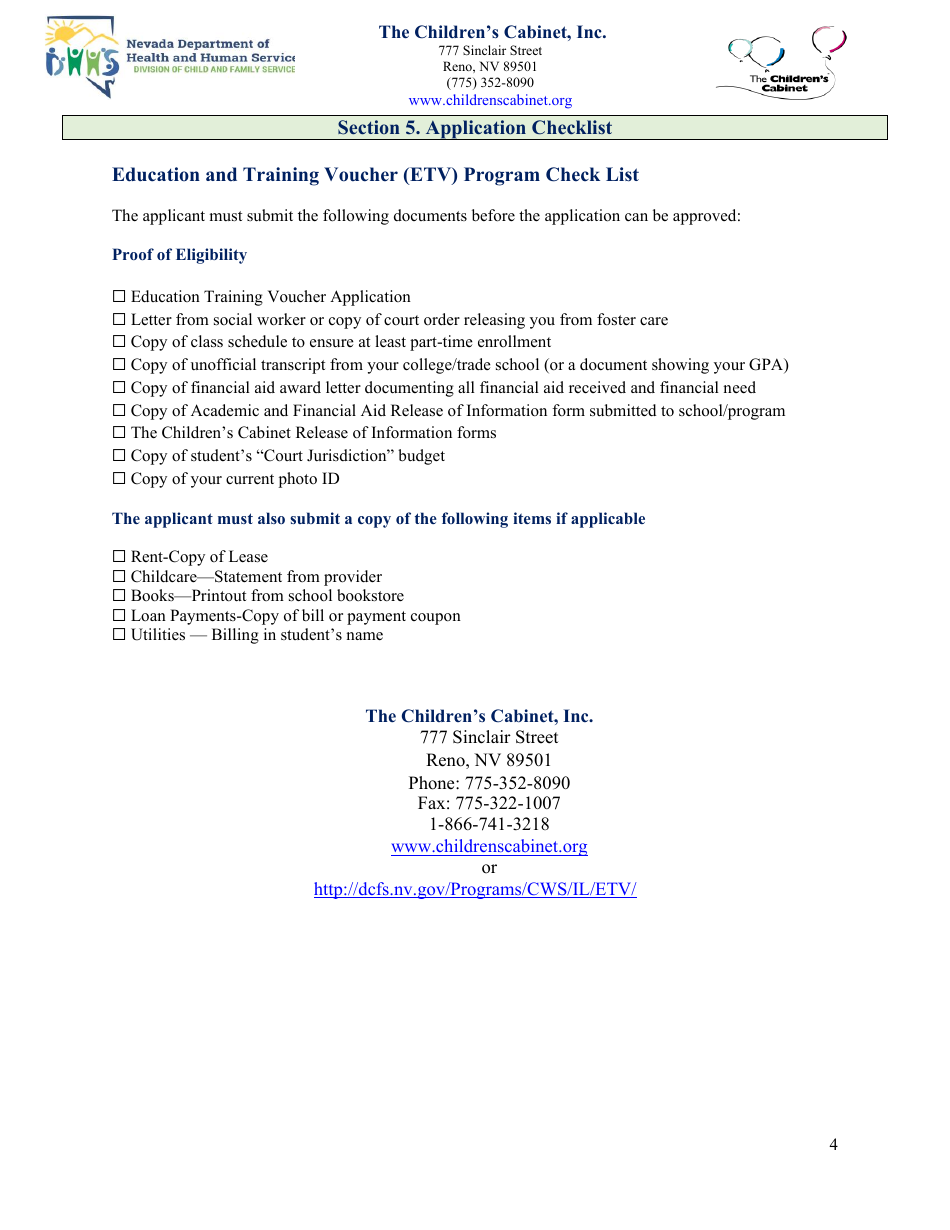 Education and Training Voucher (Etv) Program Application - Childrens Cabinet - Nevada, Page 4