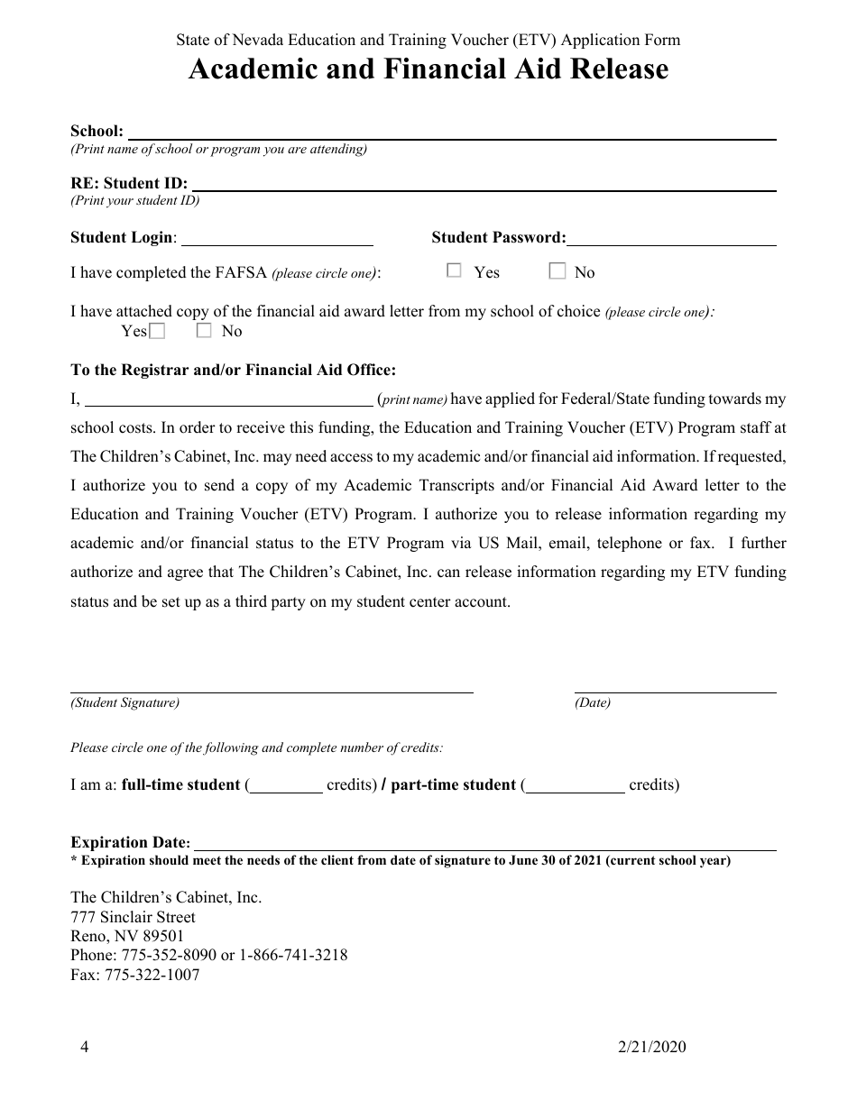 Education and Training Voucher (Etv) Program Application - Childrens Cabinet - Nevada, Page 5