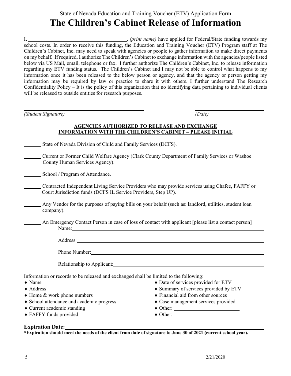Education and Training Voucher (Etv) Program Application - Childrens Cabinet - Nevada, Page 6