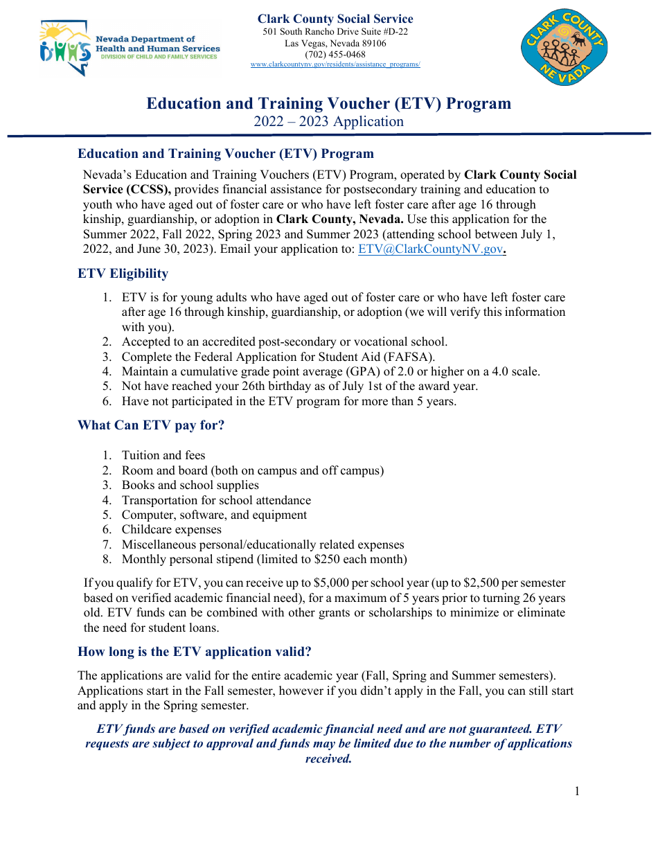 Education and Training Voucher (Etv) Program Application - Clark County - Nevada, Page 1