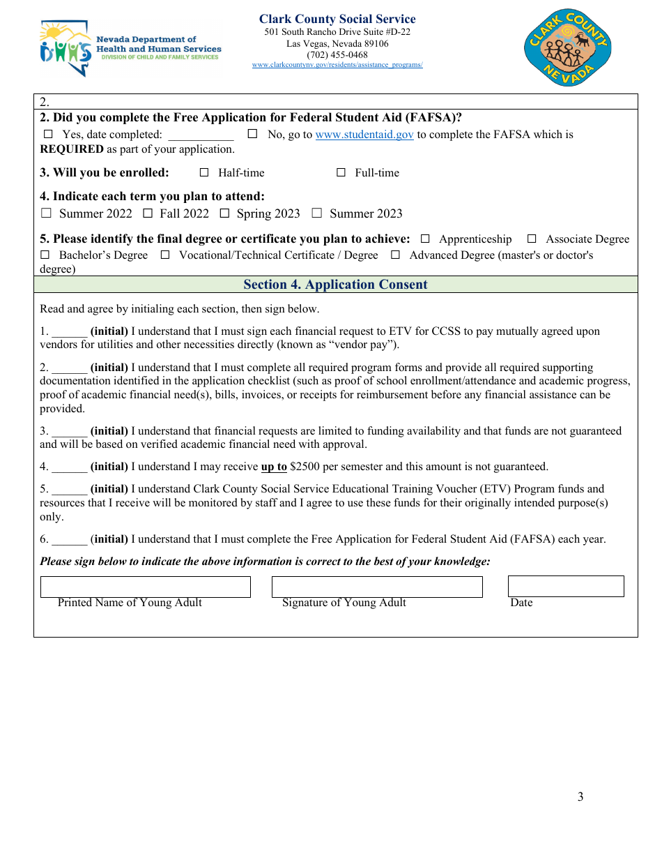 Education and Training Voucher (Etv) Program Application - Clark County - Nevada, Page 3