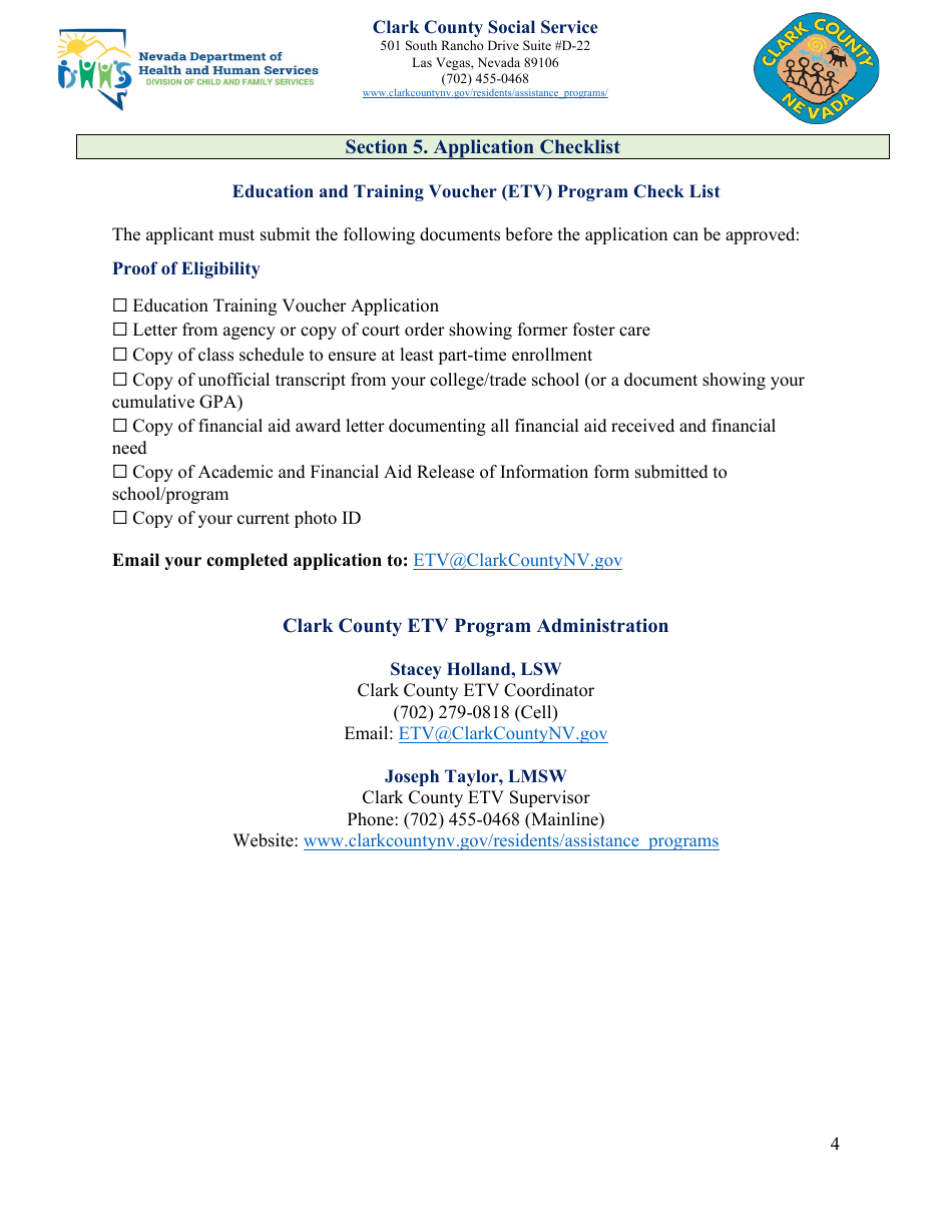 Education and Training Voucher (Etv) Program Application - Clark County - Nevada, Page 4