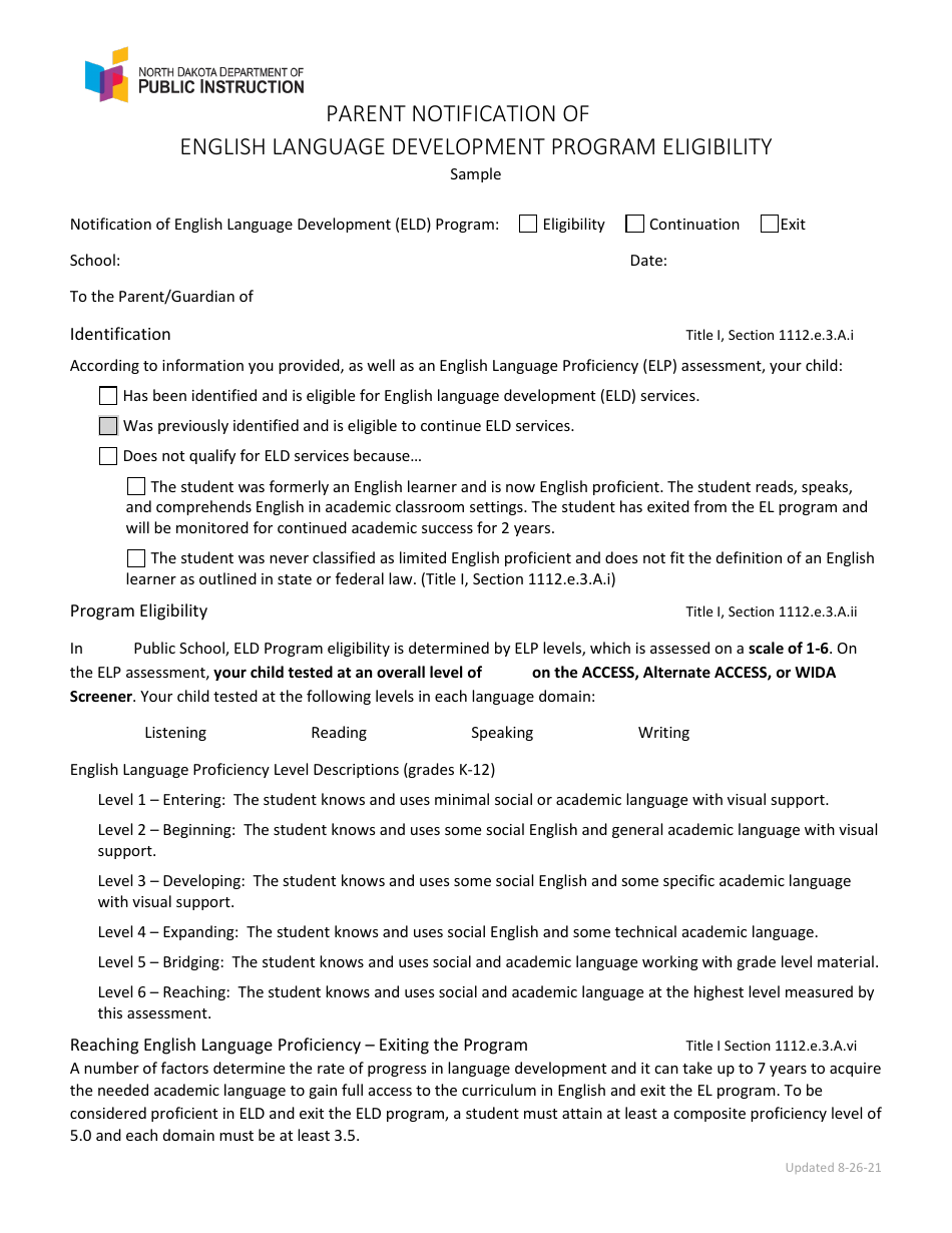 Parent Notification of English Language Development Program Eligibility - North Dakota, Page 1