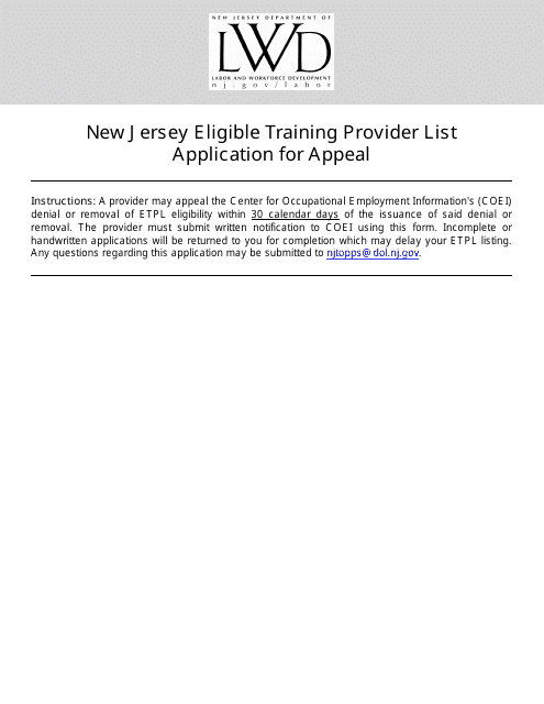 Eligible Training Provider List Application for Appeal - New Jersey Download Pdf