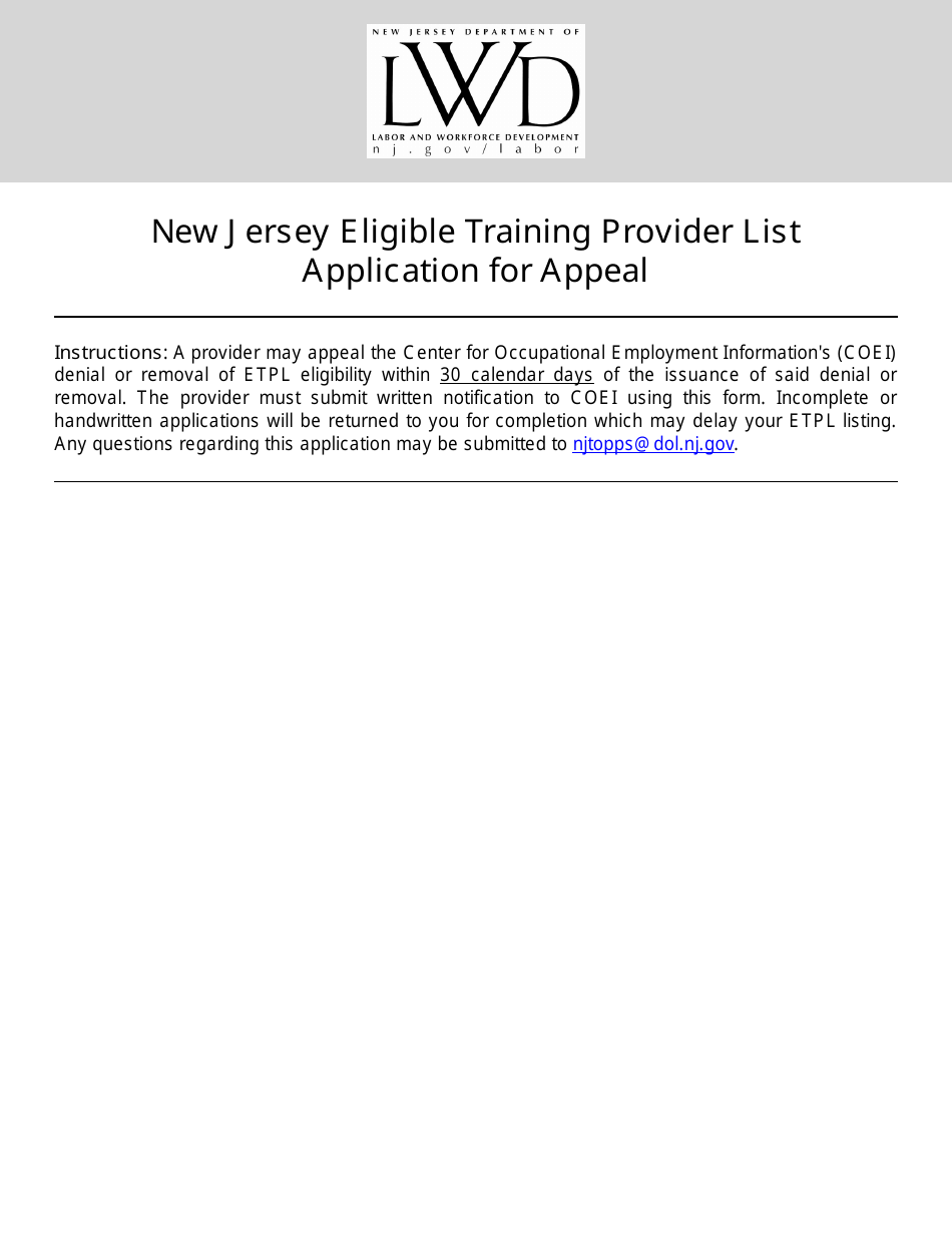 Eligible Training Provider List Application for Appeal - New Jersey, Page 1