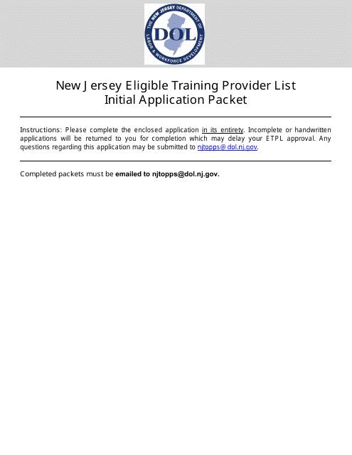 Eligible Training Provider List Initial Application Packet - New Jersey