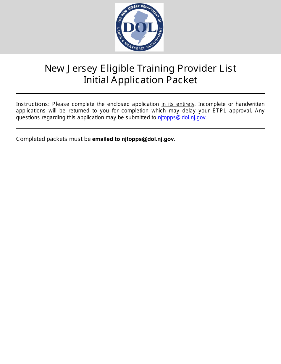 Eligible Training Provider List Initial Application Packet - New Jersey, Page 1