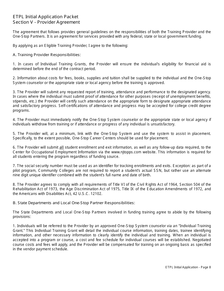 Eligible Training Provider List Initial Application Packet - New Jersey, Page 9