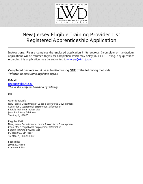 Eligible Training Provider List Registered Apprenticeship Application - New Jersey Download Pdf