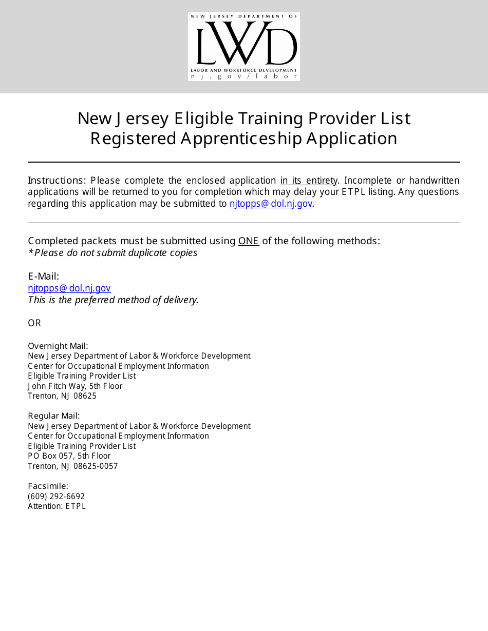 Eligible Training Provider List Registered Apprenticeship Application - New Jersey, Page 1
