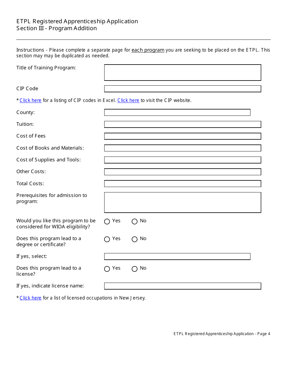 Eligible Training Provider List Registered Apprenticeship Application - New Jersey, Page 5