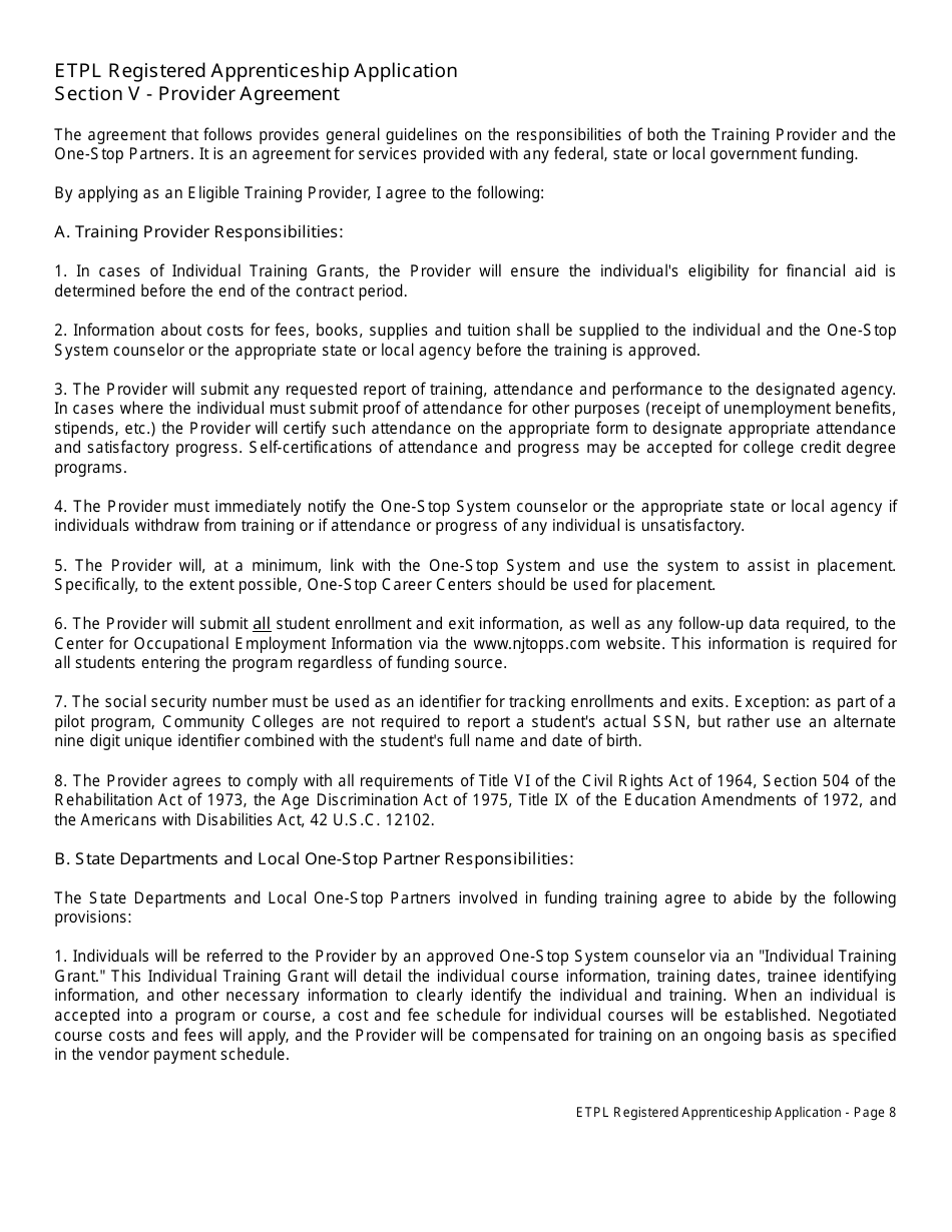 Eligible Training Provider List Registered Apprenticeship Application - New Jersey, Page 9
