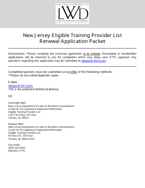 Eligible Training Provider List Renewal Application Packet - New Jersey Download Pdf