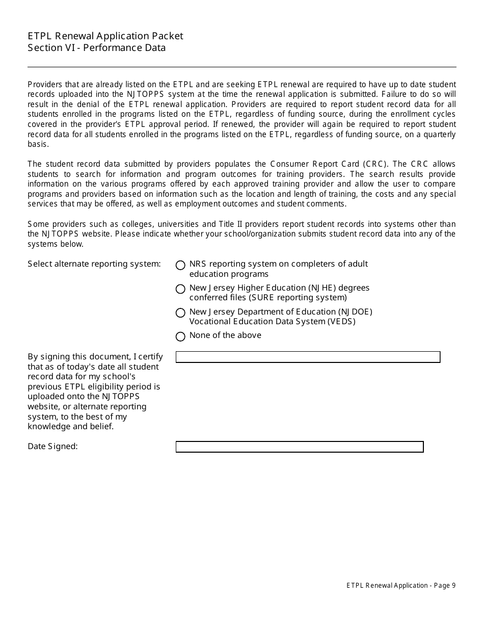 Eligible Training Provider List Renewal Application Packet - New Jersey, Page 10