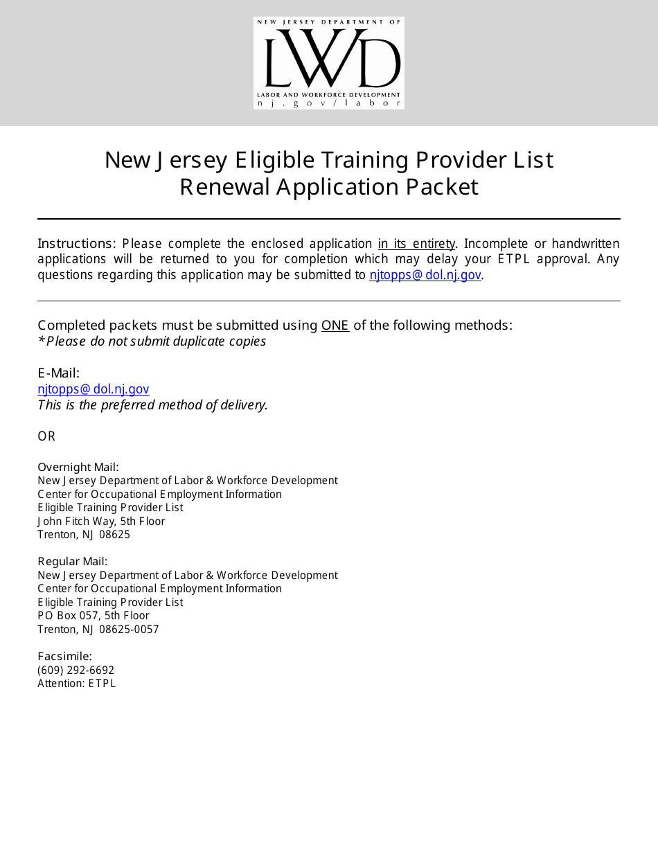 Eligible Training Provider List Renewal Application Packet - New Jersey, Page 1