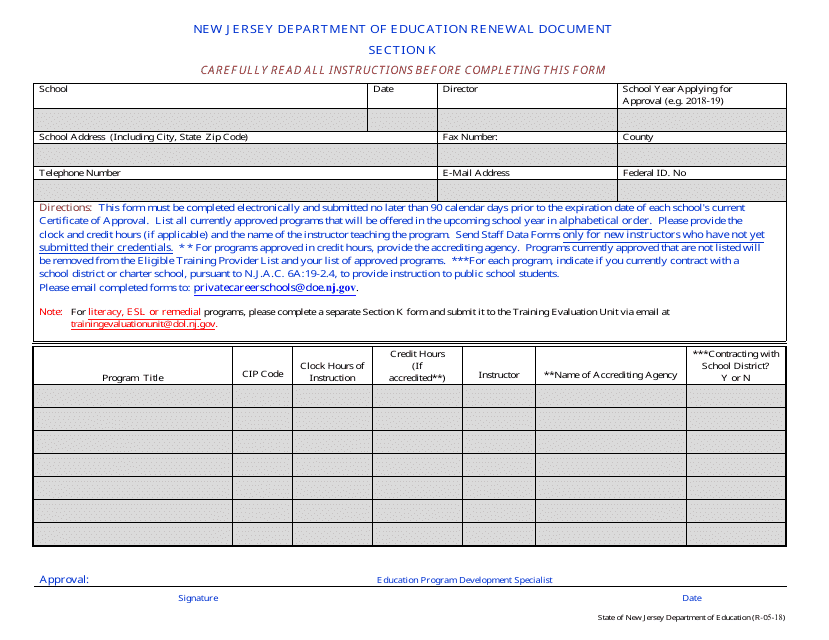Section K Renewal Document - New Jersey