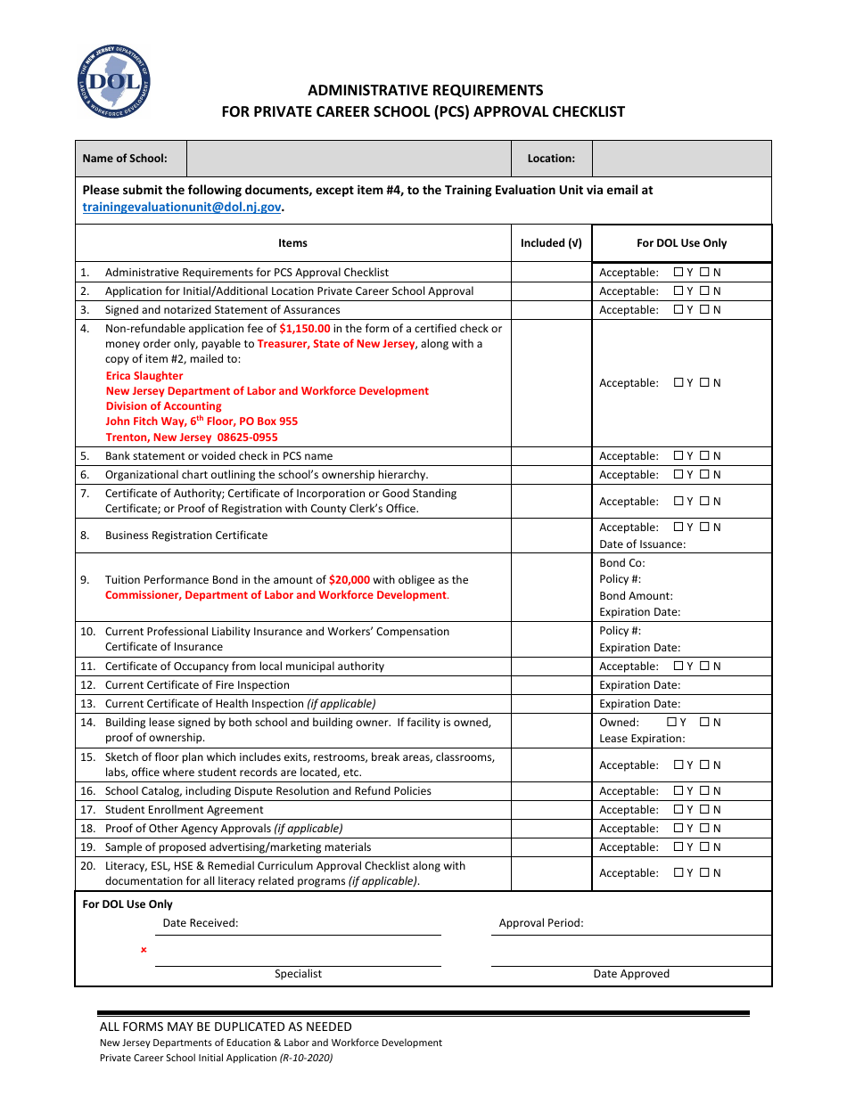 Administrative Requirements for Private Career School (PCS) Approval Checklist - New Jersey, Page 1