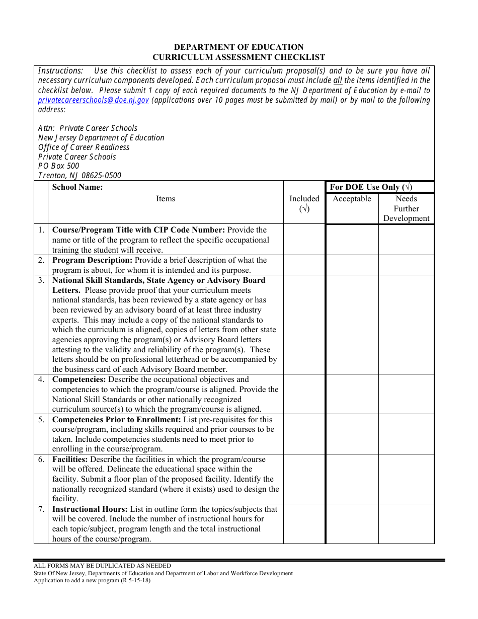 Curriculum Assessment Checklist - New Jersey, Page 1