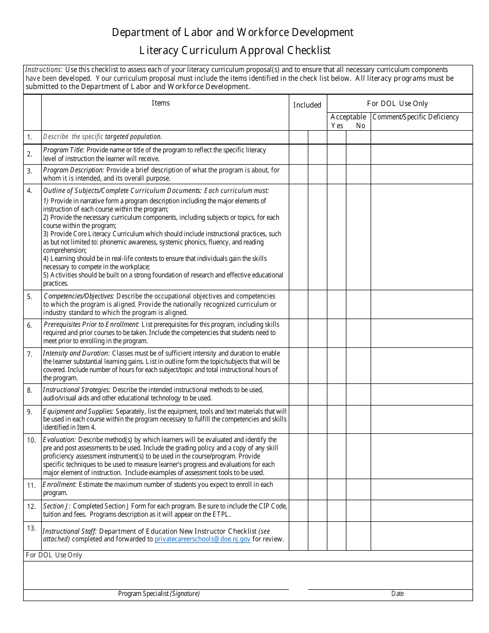 Literacy Curriculum Approval Checklist - New Jersey, Page 1