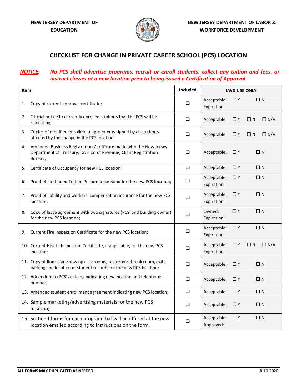Checklist for Change in Private Career School (PCS) Location - New Jersey, Page 1